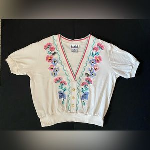 Vtg. 80s teddi brand petite women’s floral embroidery sequins top blouse, PM